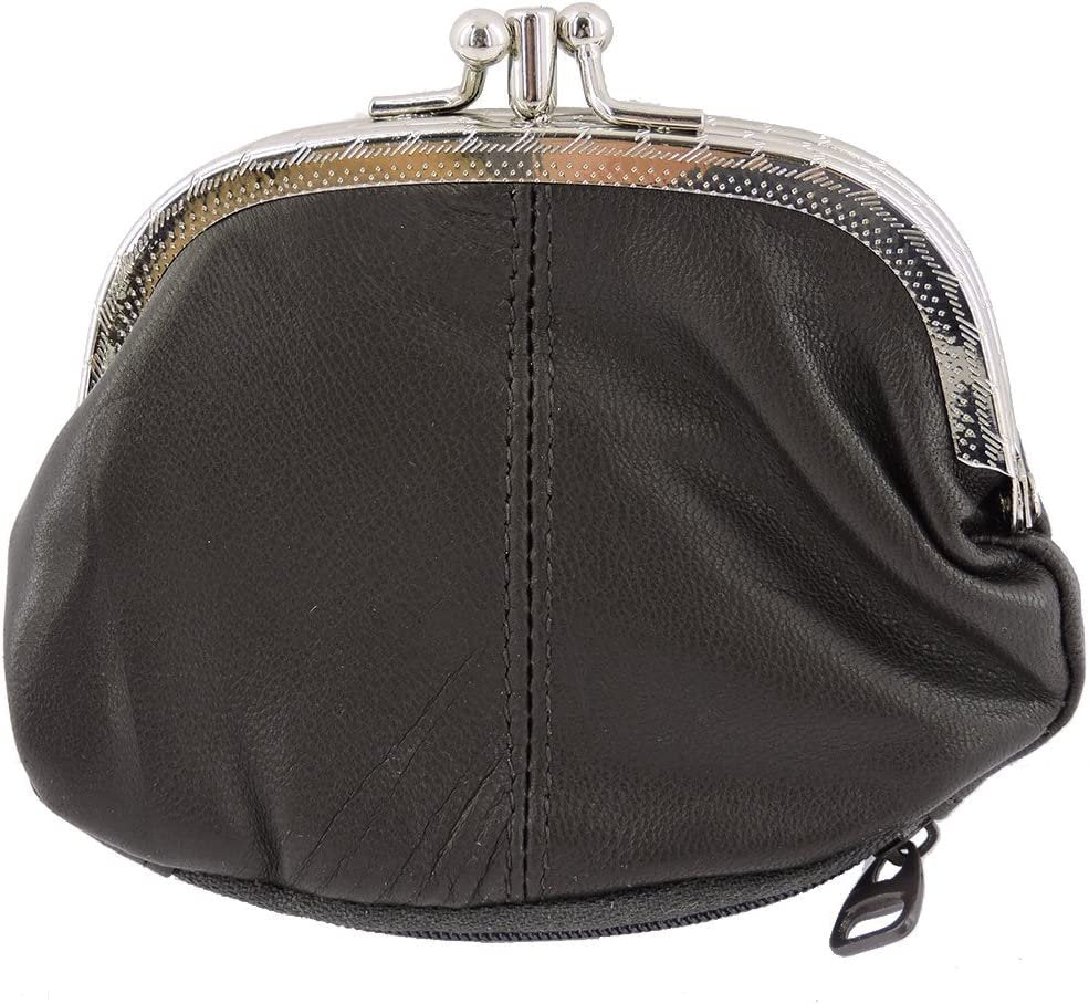 SILVERFEVER Leather Coin Purse with Kisslock Closure - Handcrafted Genuine Lambskin (3 Entry, Black)