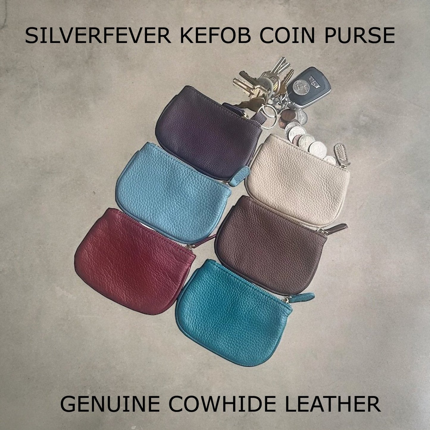 Cowhide Leather Coin Purse Pouch w Zipper and Key Fob