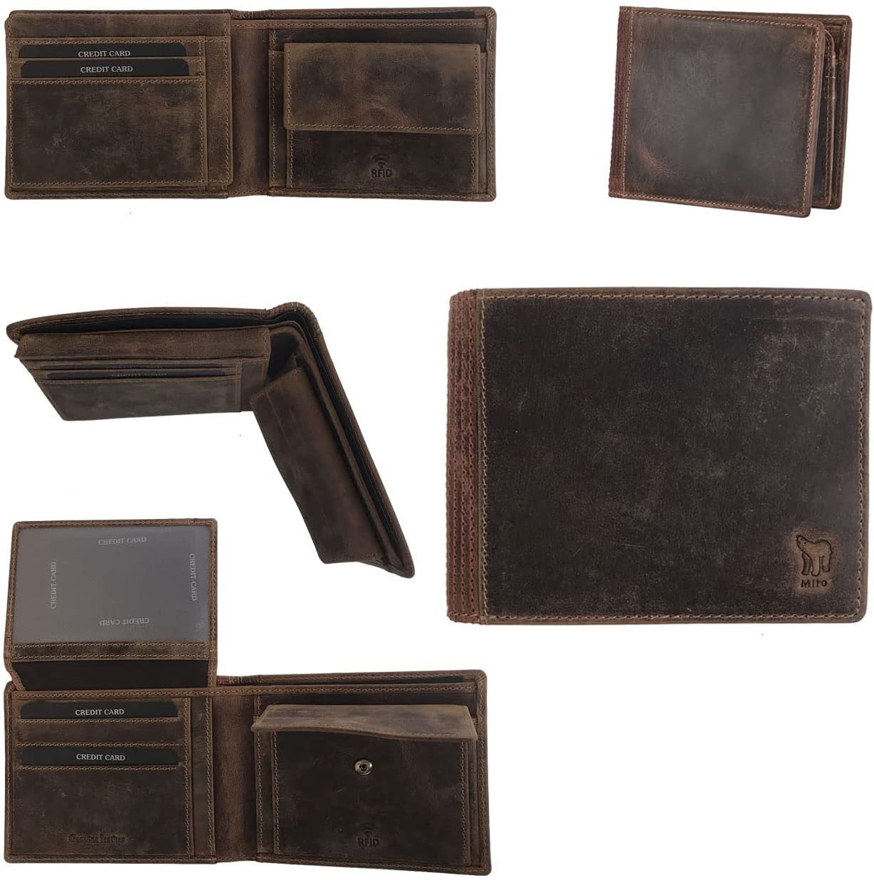 Leather Wallet for Men's-Genuine Washed Calf RFID Blocking Bifold Men Wallet With Coin Pocket (Vertical Flip Stitched Collar, Black)