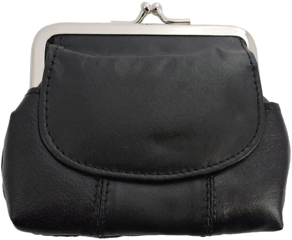 SILVERFEVER Leather Coin Purse with Kisslock Closure - Handcrafted Genuine Lambskin (3 Entry, Black)