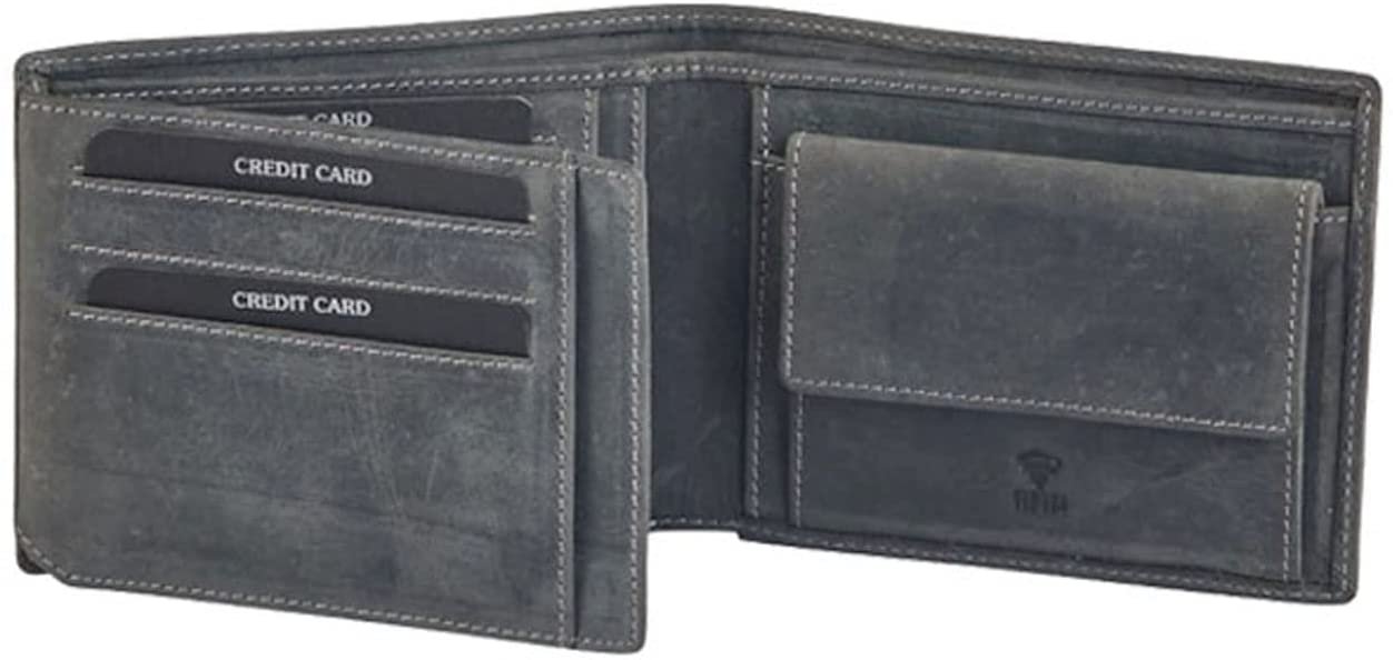 Leather Wallet for Men's-Genuine Washed Calf RFID Blocking Bifold Men Wallet With Coin Pocket (Vertical Flip Stitched Collar, Black)