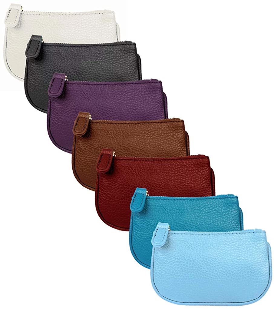 Cowhide Leather Coin Purse Pouch w Zipper and Key Fob