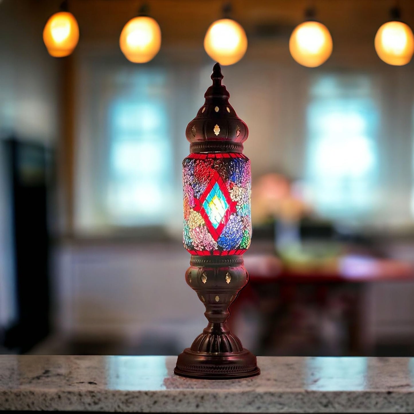 Turkish Cylinder Table Lamp Mosaic Glass Accent Boho Lamps Moroccan Lantern (Blue Star)