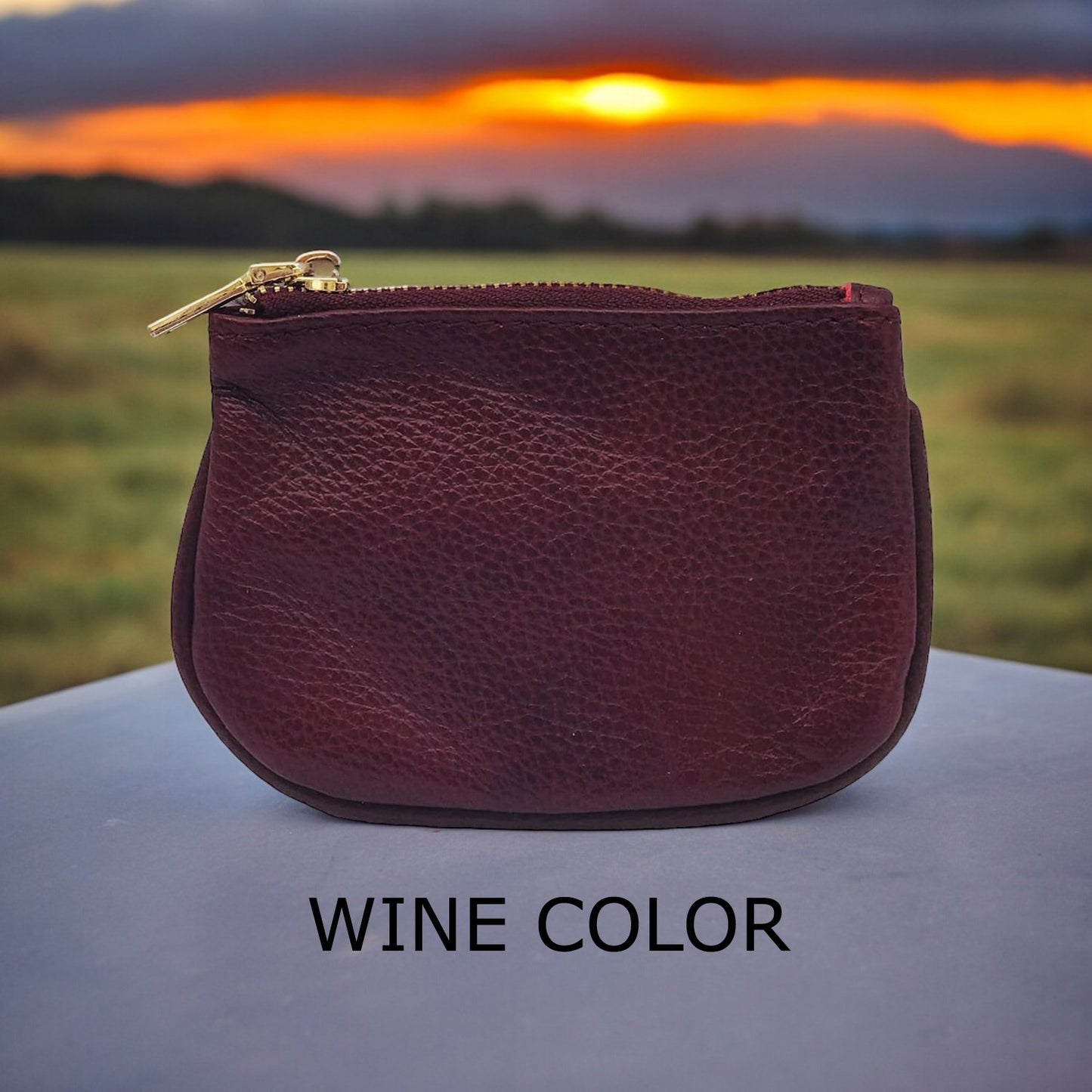 Cowhide Leather Coin Purse Pouch w Zipper and Key Fob