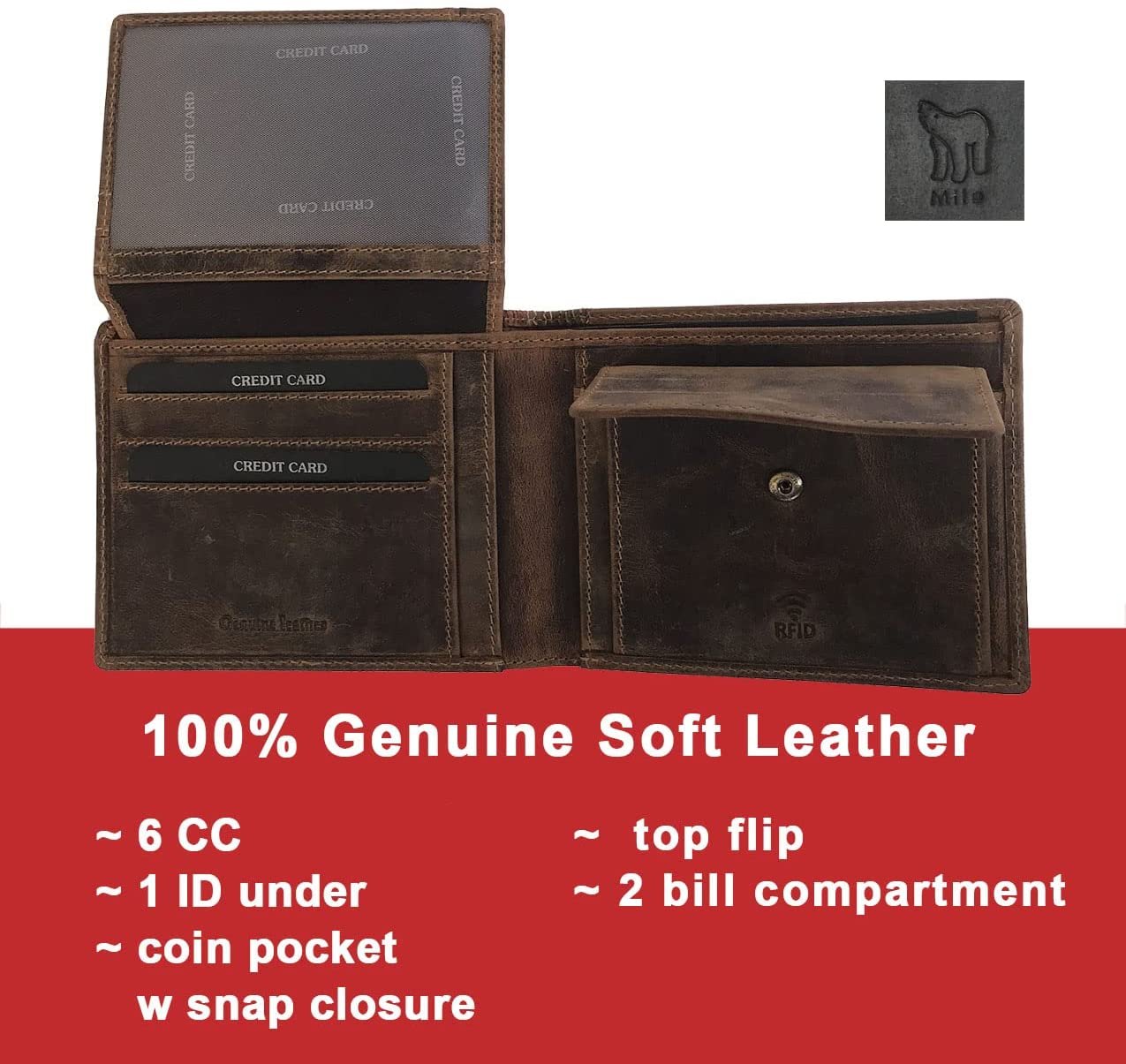 Leather Wallet for Men's-Genuine Washed Calf RFID Blocking Bifold Men Wallet With Coin Pocket (Vertical Flip Stitched Collar, Black)