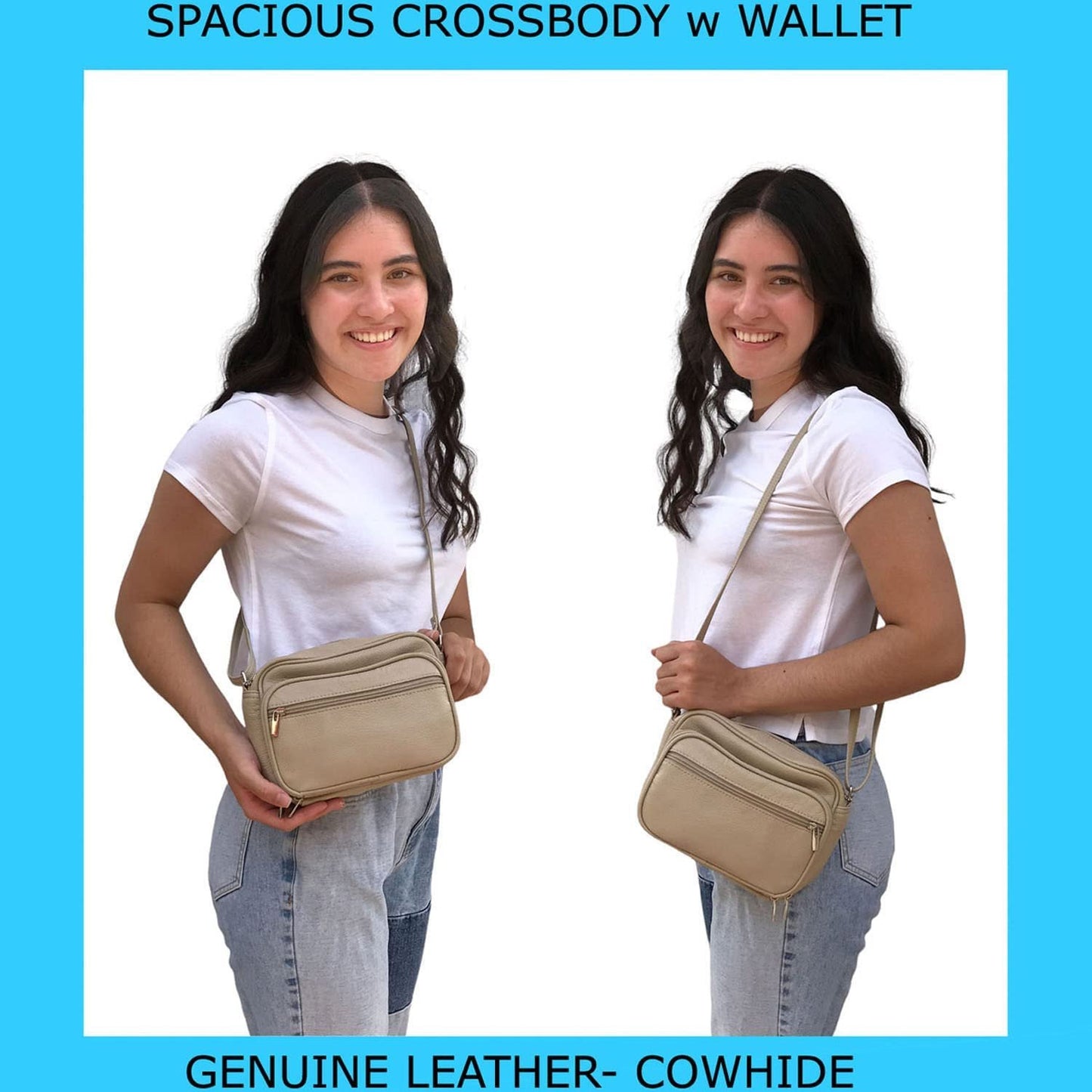 Cowhide Leather Womens Shoulder Purse Small Cross Body Organizer Bag with Many Pockets