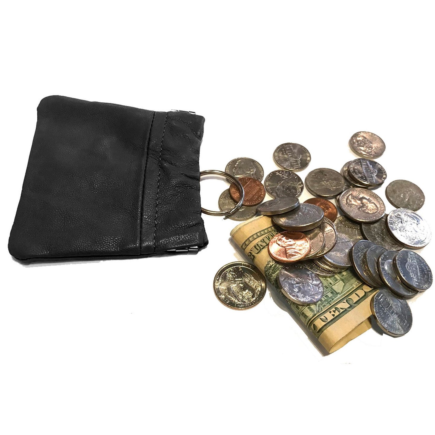 Leather Coin Purse Change Holder Squeeze Spring Closure Pouch w Key Ring, 3.5" by 3.5" - Great Gift for Men Women