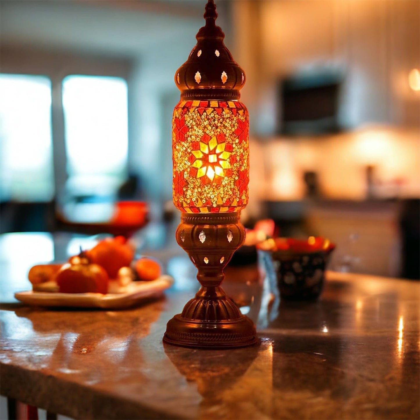 Turkish Cylinder Table Lamp Mosaic Glass Accent Boho Lamps Moroccan Lantern (Blue Star)