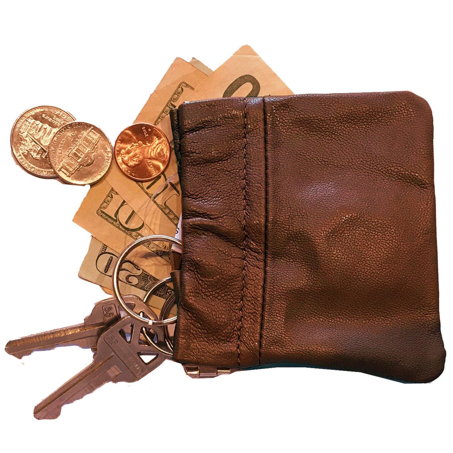 Leather Coin Purse Change Holder Squeeze Spring Closure Pouch w Key Ring, 3.5" by 3.5" - Great Gift for Men Women