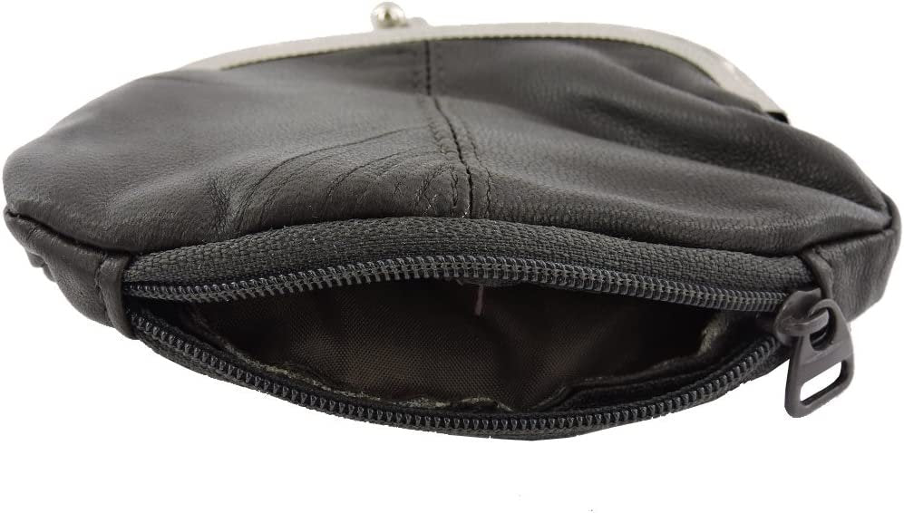 SILVERFEVER Leather Coin Purse with Kisslock Closure - Handcrafted Genuine Lambskin (3 Entry, Black)