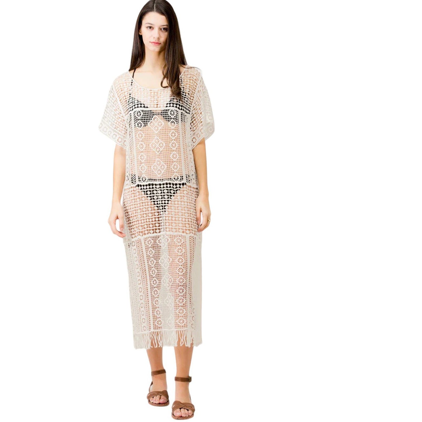 Look by M White Crochet Long Poncho Cover Up