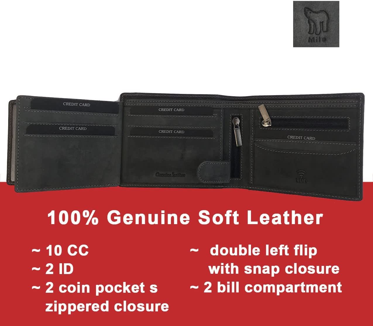 Leather Wallet for Men's-Genuine Washed Calf RFID Blocking Bifold Men Wallet With Coin Pocket (Vertical Flip Stitched Collar, Black)
