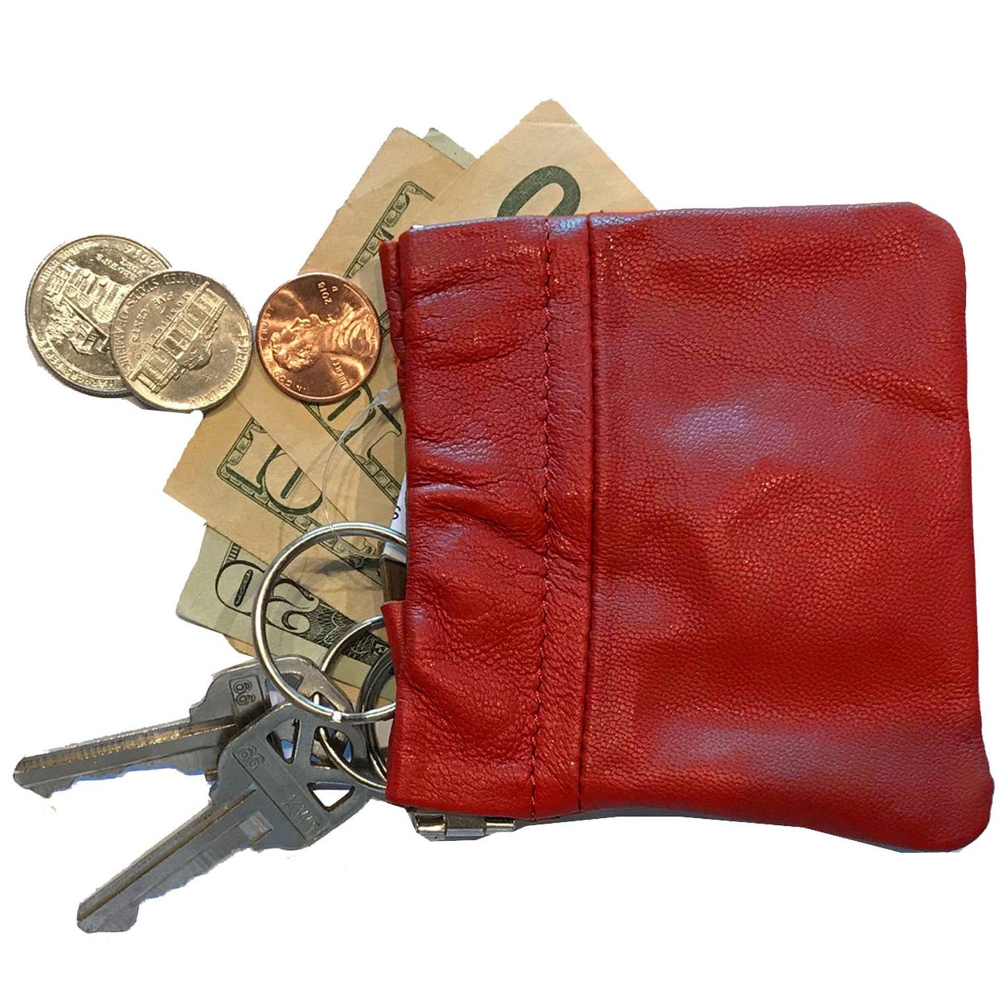 Leather Coin Purse Change Holder Squeeze Spring Closure Pouch w Key Ring, 3.5" by 3.5" - Great Gift for Men Women
