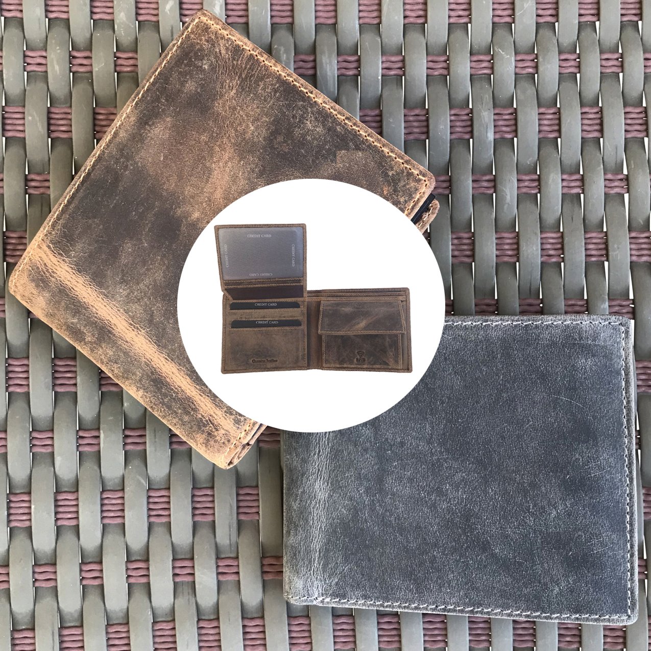 Leather Wallet for Men's-Genuine Washed Calf RFID Blocking Bifold Men Wallet With Coin Pocket (Vertical Flip Stitched Collar, Black)