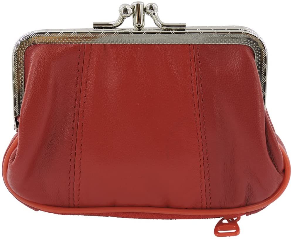 SILVERFEVER Leather Coin Purse with Kisslock Closure - Handcrafted Genuine Lambskin (3 Entry, Black)