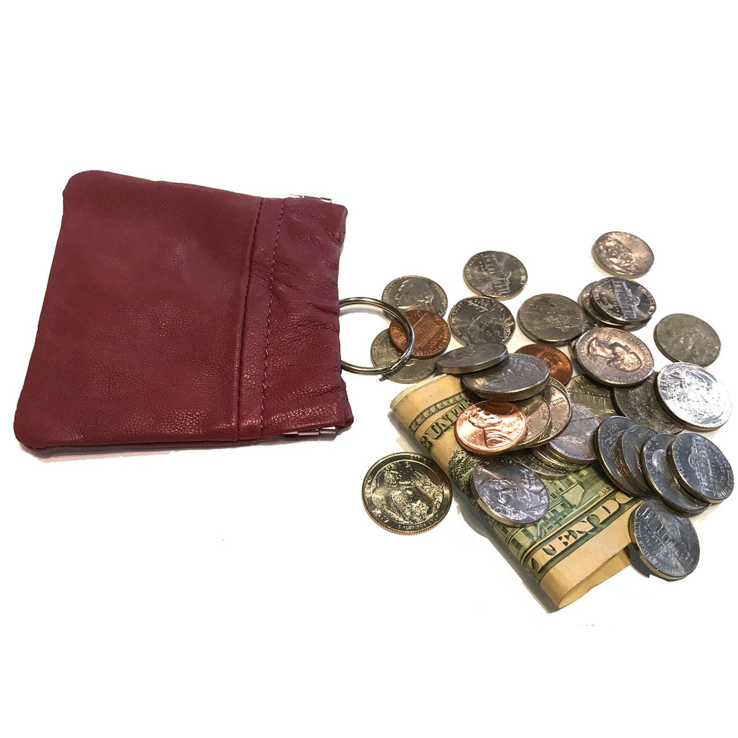 Leather Coin Purse Change Holder Squeeze Spring Closure Pouch w Key Ring, 3.5" by 3.5" - Great Gift for Men Women