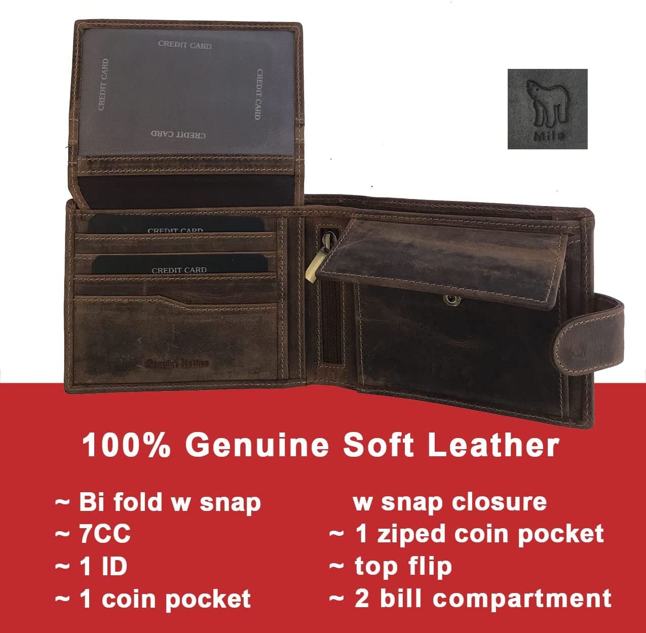 Leather Wallet for Men's-Genuine Washed Calf RFID Blocking Bifold Men Wallet With Coin Pocket (Vertical Flip Stitched Collar, Black)