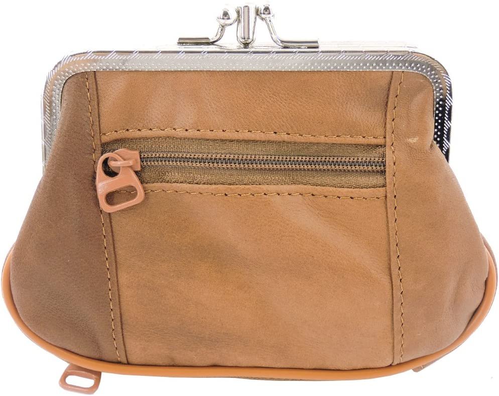 SILVERFEVER Leather Coin Purse with Kisslock Closure - Handcrafted Genuine Lambskin (3 Entry, Black)