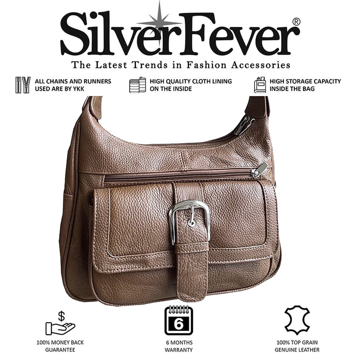 Women's Hobo Leather Handbag with 2 Entry, Buckled Front Pocket Silver Fever