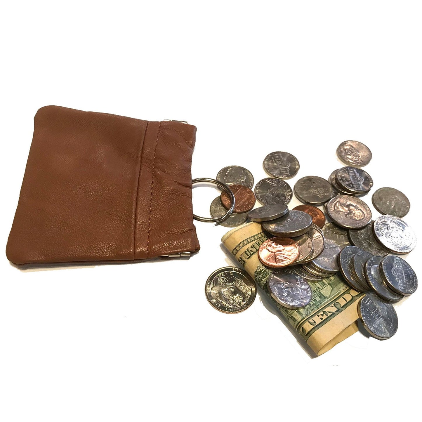 Leather Coin Purse Change Holder Squeeze Spring Closure Pouch w Key Ring, 3.5" by 3.5" - Great Gift for Men Women