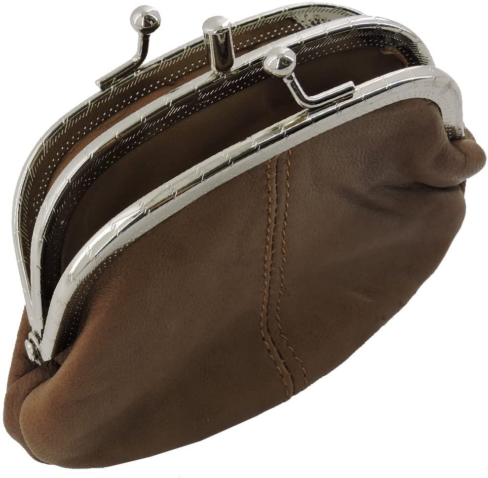 SILVERFEVER Leather Coin Purse with Kisslock Closure - Handcrafted Genuine Lambskin (3 Entry, Black)