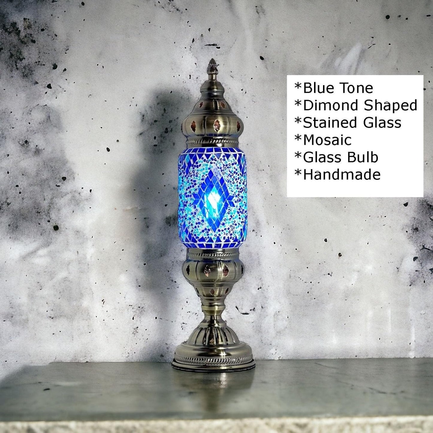 Turkish Cylinder Table Lamp Mosaic Glass Accent Boho Lamps Moroccan Lantern (Blue Star)
