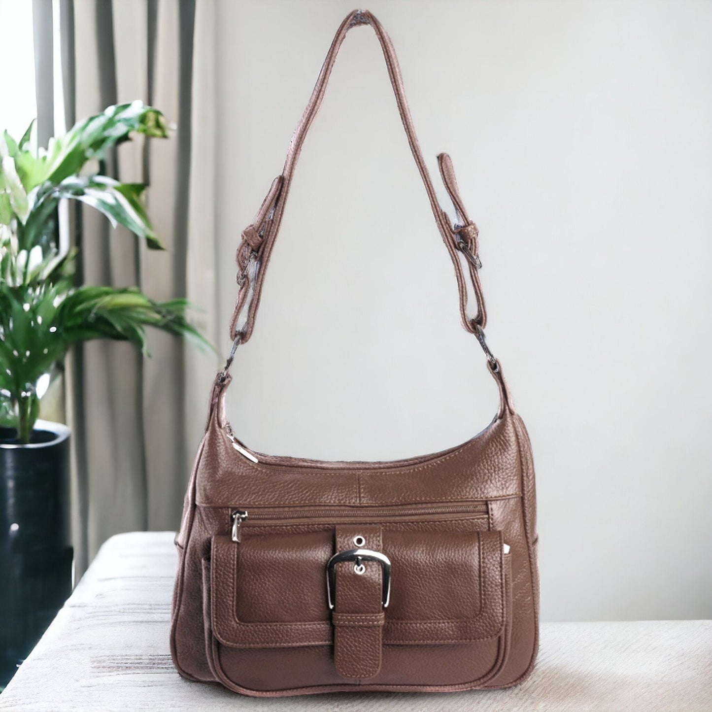 Women's Hobo Leather Handbag with 2 Entry, Buckled Front Pocket Silver Fever