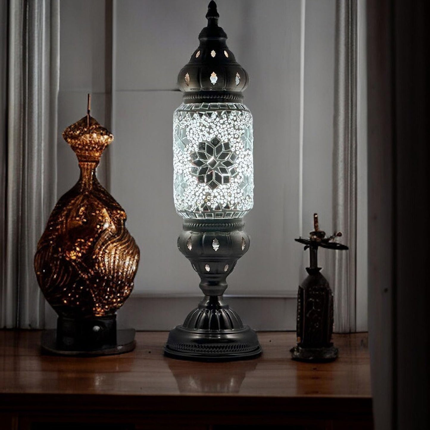 Turkish Cylinder Table Lamp Mosaic Glass Accent Boho Lamps Moroccan Lantern (Blue Star)