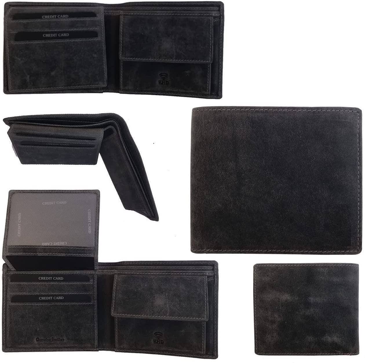 Leather Wallet for Men's-Genuine Washed Calf RFID Blocking Bifold Men Wallet With Coin Pocket (Vertical Flip Stitched Collar, Black)