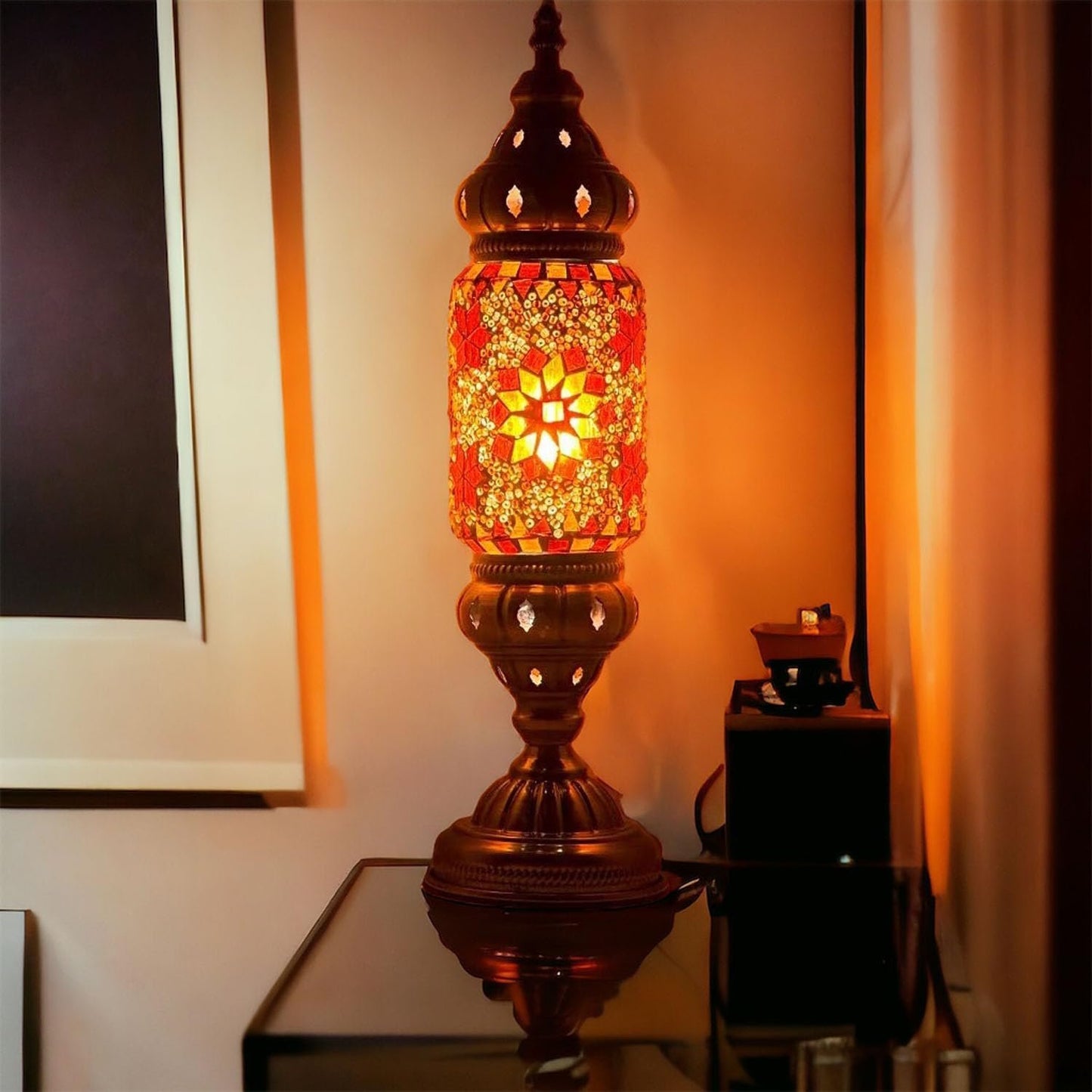 Turkish Cylinder Table Lamp Mosaic Glass Accent Boho Lamps Moroccan Lantern (Blue Star)