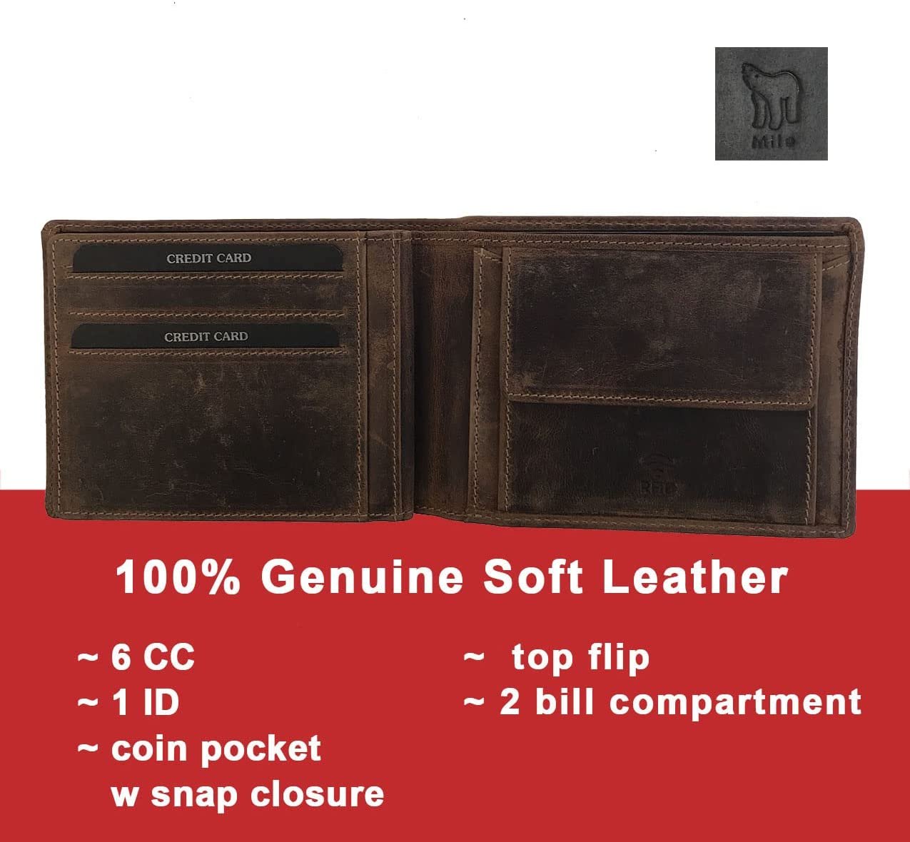 Leather Wallet for Men's-Genuine Washed Calf RFID Blocking Bifold Men Wallet With Coin Pocket (Vertical Flip Stitched Collar, Black)