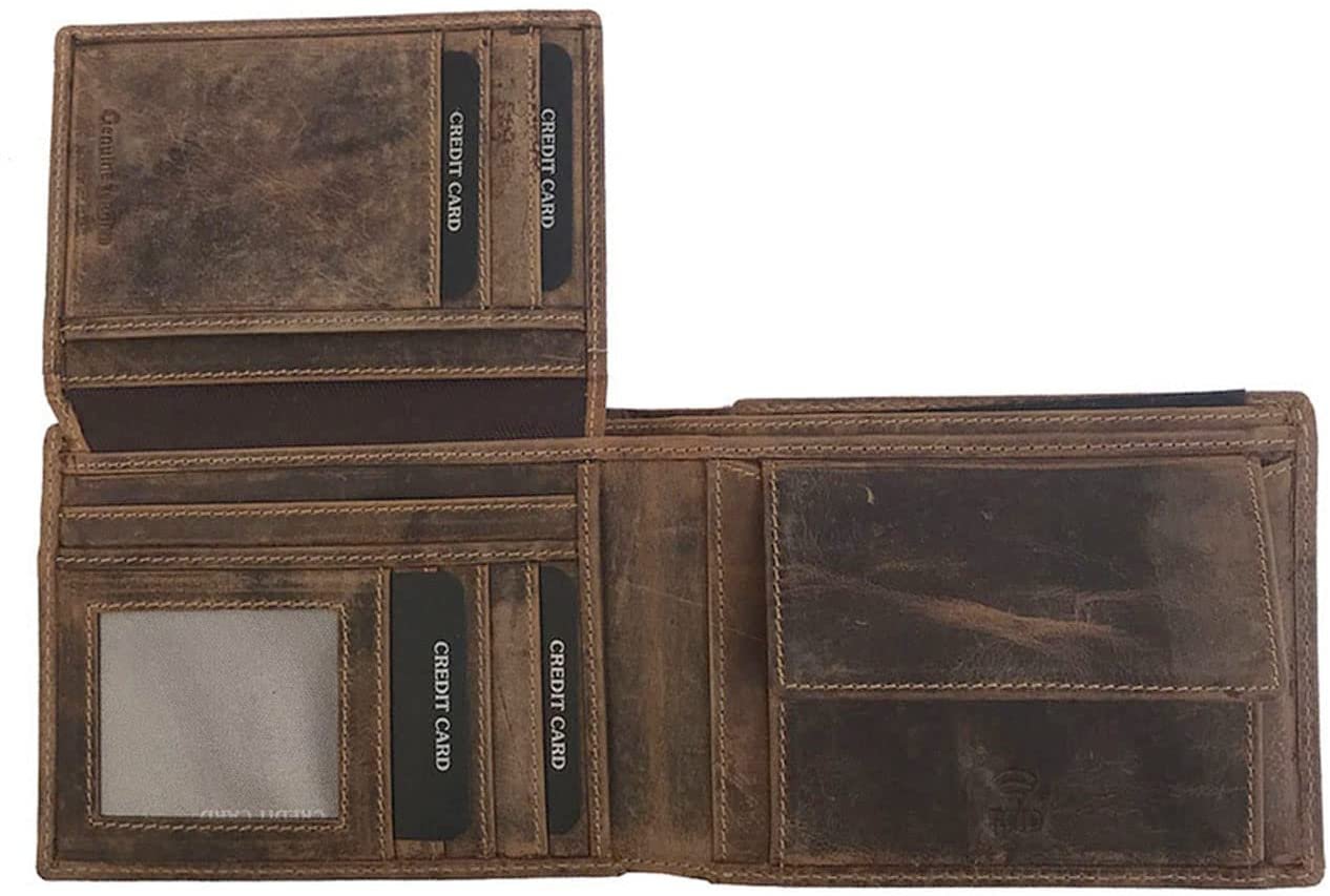 Leather Wallet for Men's-Genuine Washed Calf RFID Blocking Bifold Men Wallet With Coin Pocket (Vertical Flip Stitched Collar, Black)
