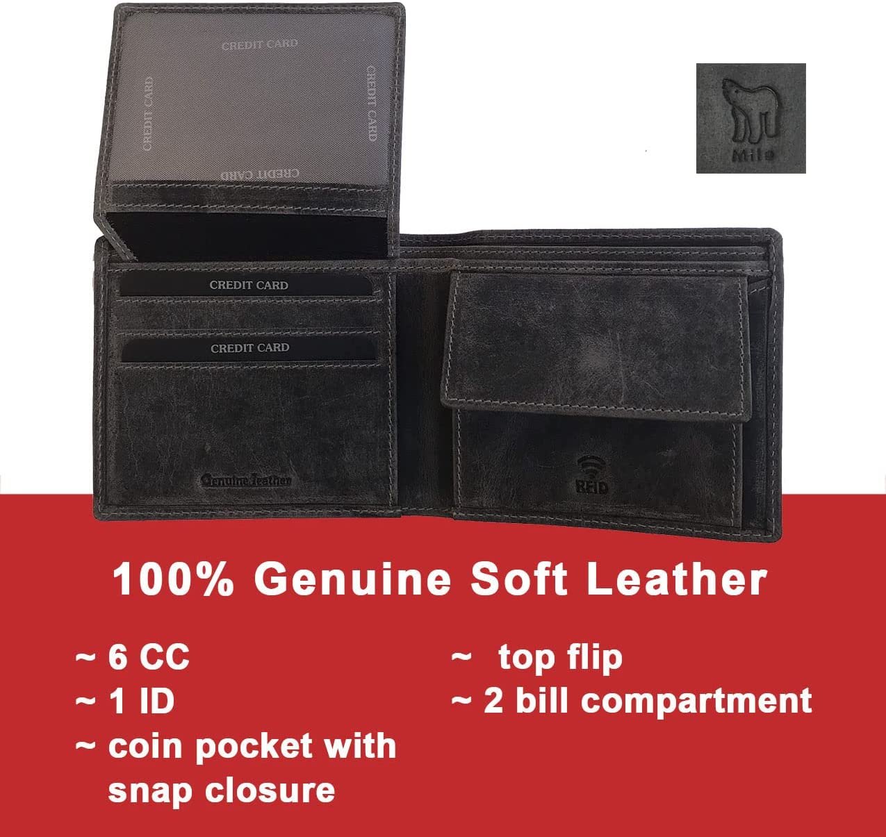 Leather Wallet for Men's-Genuine Washed Calf RFID Blocking Bifold Men Wallet With Coin Pocket (Vertical Flip Stitched Collar, Black)