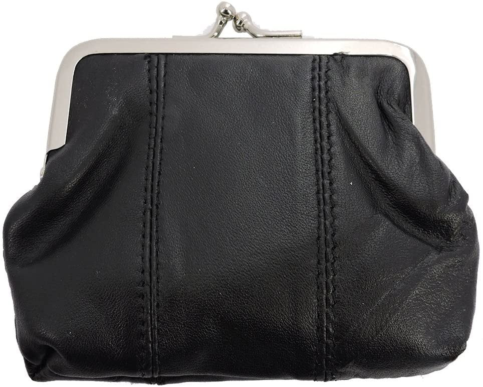 SILVERFEVER Leather Coin Purse with Kisslock Closure - Handcrafted Genuine Lambskin (3 Entry, Black)