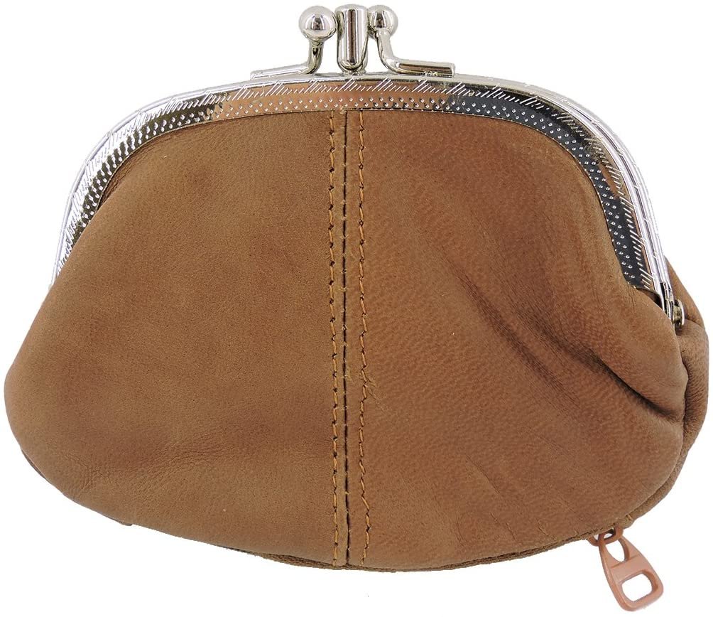 SILVERFEVER Leather Coin Purse with Kisslock Closure - Handcrafted Genuine Lambskin (3 Entry, Black)