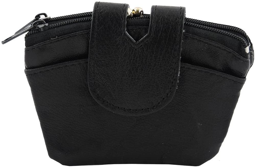 SILVERFEVER Leather Coin Purse with Kisslock Closure - Handcrafted Genuine Lambskin (3 Entry, Black)