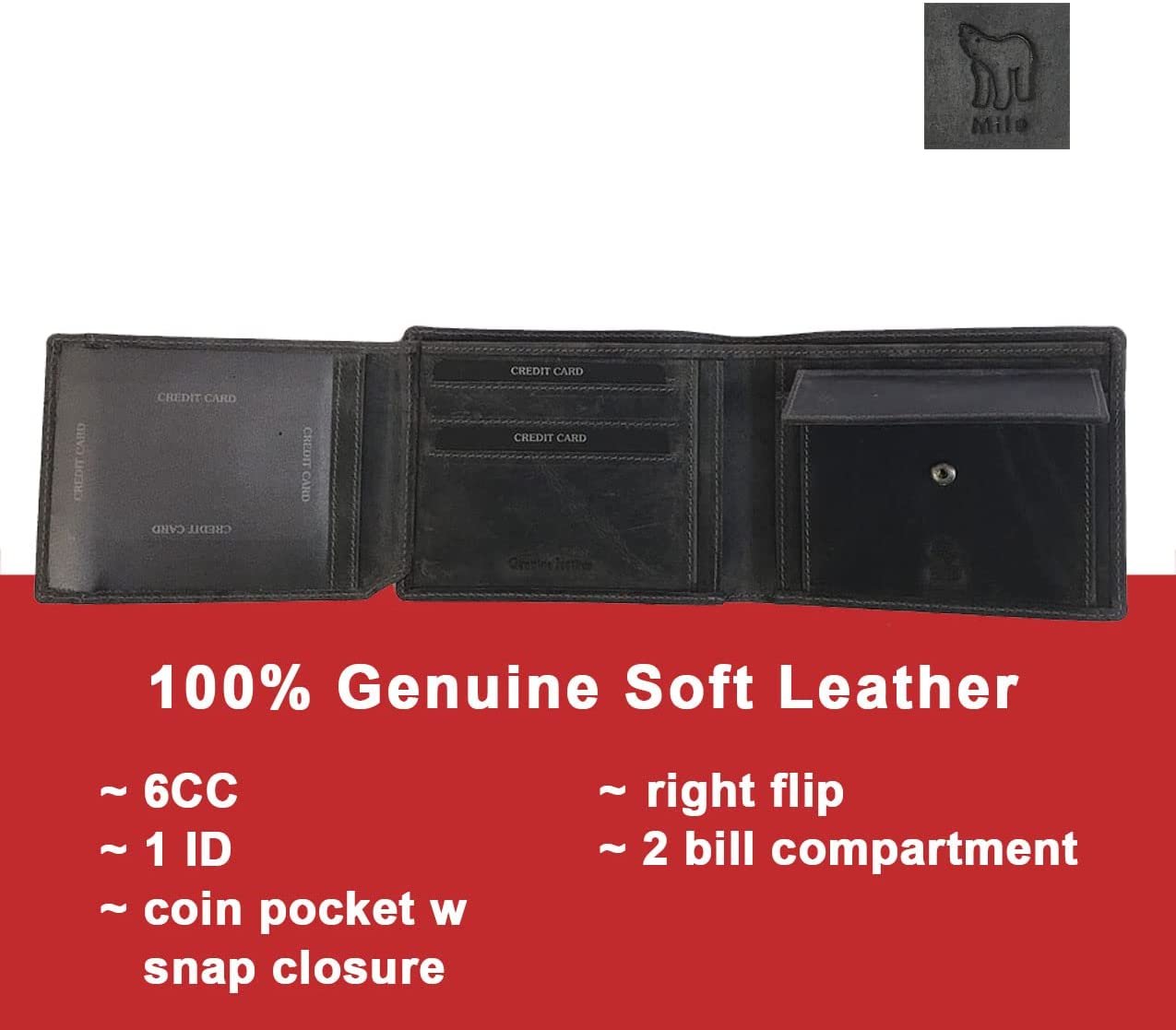 Leather Wallet for Men's-Genuine Washed Calf RFID Blocking Bifold Men Wallet With Coin Pocket (Vertical Flip Stitched Collar, Black)