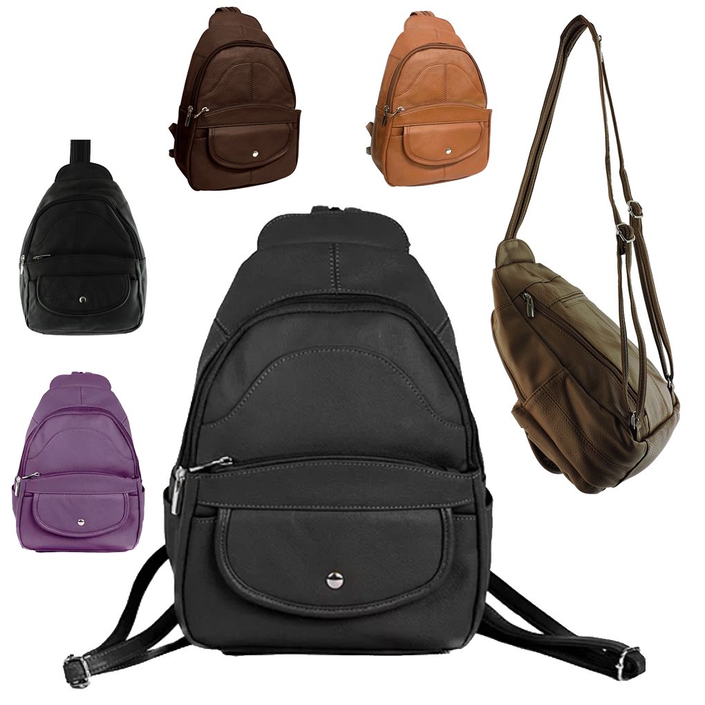 Leather Sling Backpack Convertible Medium Size Top Entry