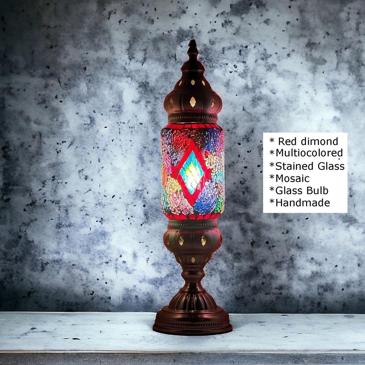 Turkish Cylinder Table Lamp Mosaic Glass Accent Boho Lamps Moroccan Lantern (Blue Star)