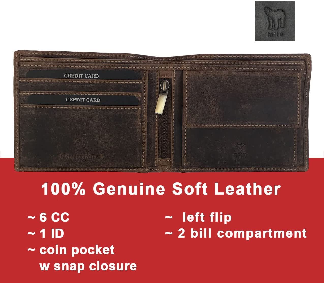 Leather Wallet for Men's-Genuine Washed Calf RFID Blocking Bifold Men Wallet With Coin Pocket (Vertical Flip Stitched Collar, Black)