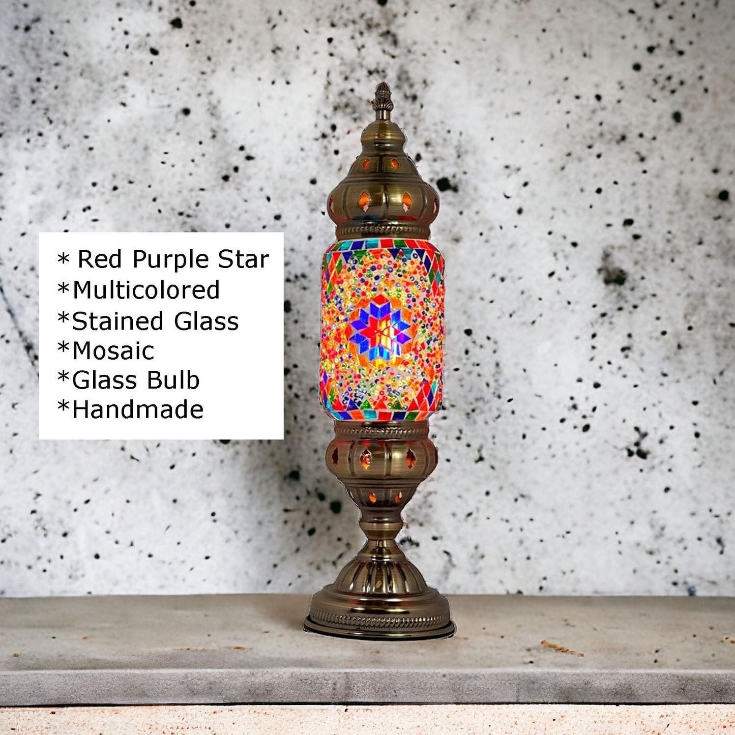 Turkish Cylinder Table Lamp Mosaic Glass Accent Boho Lamps Moroccan Lantern (Blue Star)