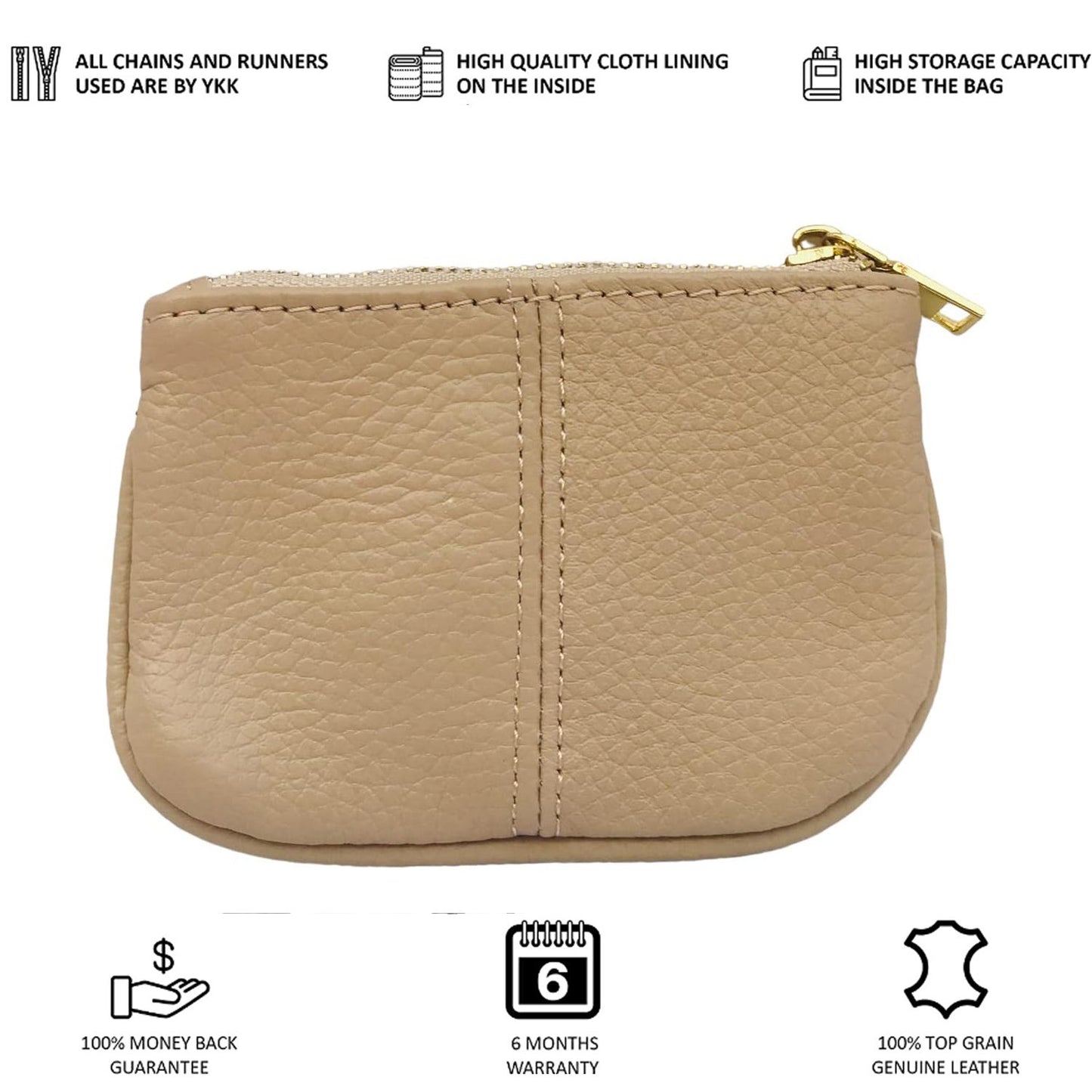 Cowhide Leather Coin Purse Pouch w Zipper and Key Fob
