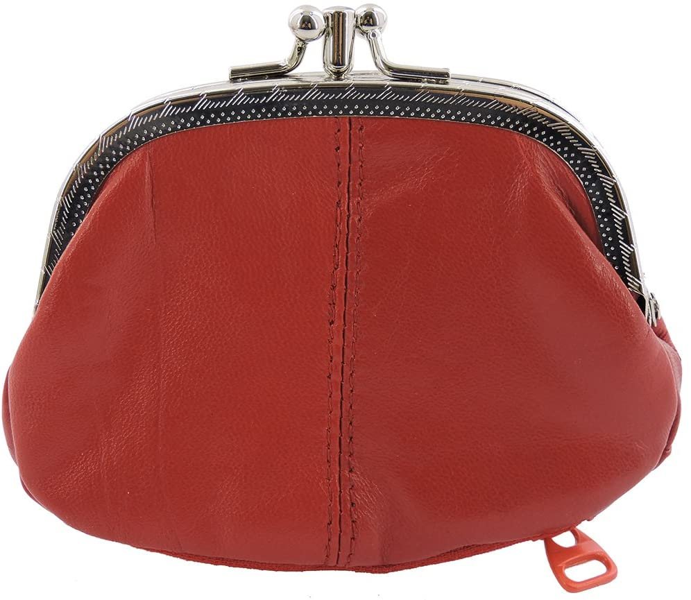 SILVERFEVER Leather Coin Purse with Kisslock Closure - Handcrafted Genuine Lambskin (3 Entry, Black)