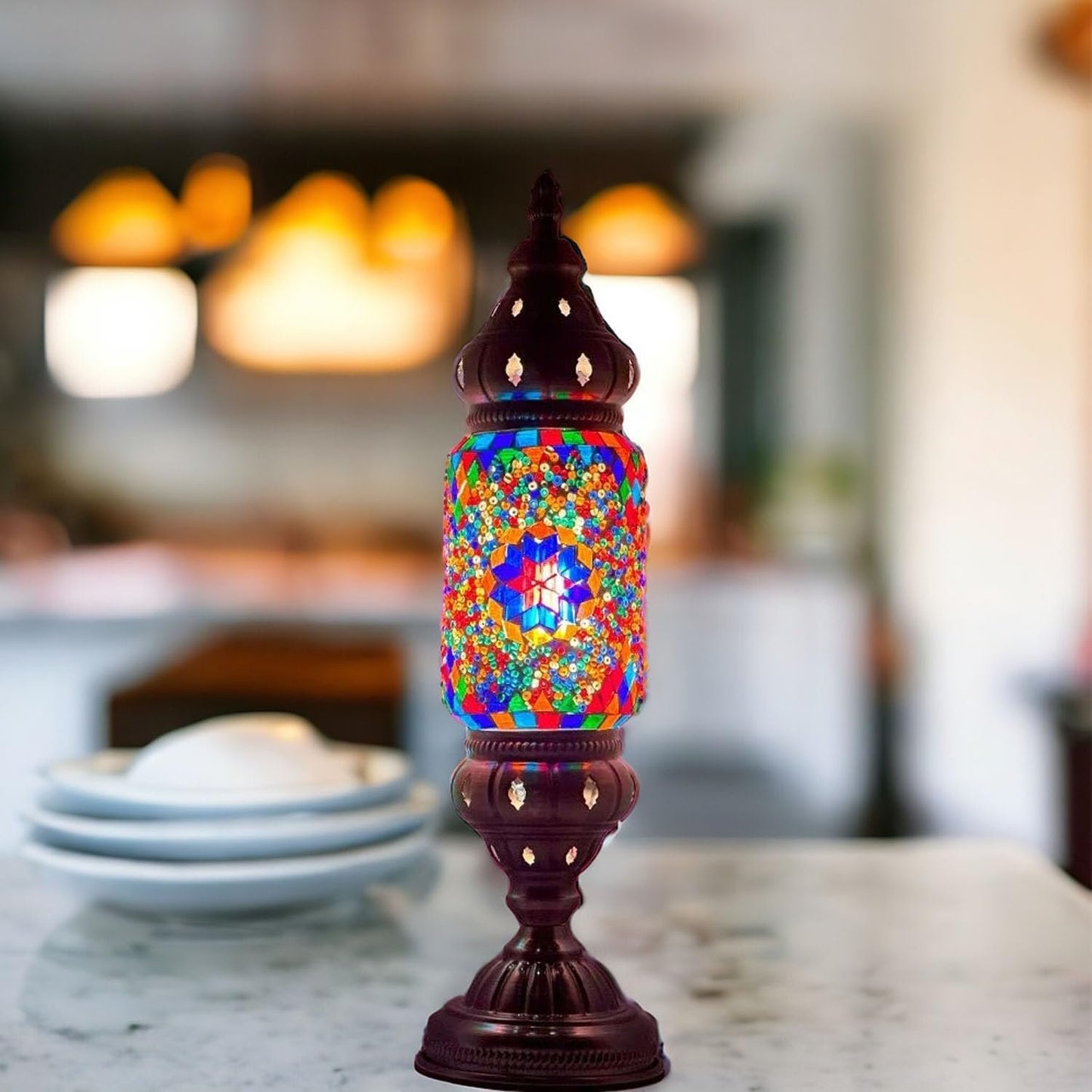Turkish Cylinder Table Lamp Mosaic Glass Accent Boho Lamps Moroccan Lantern (Blue Star)