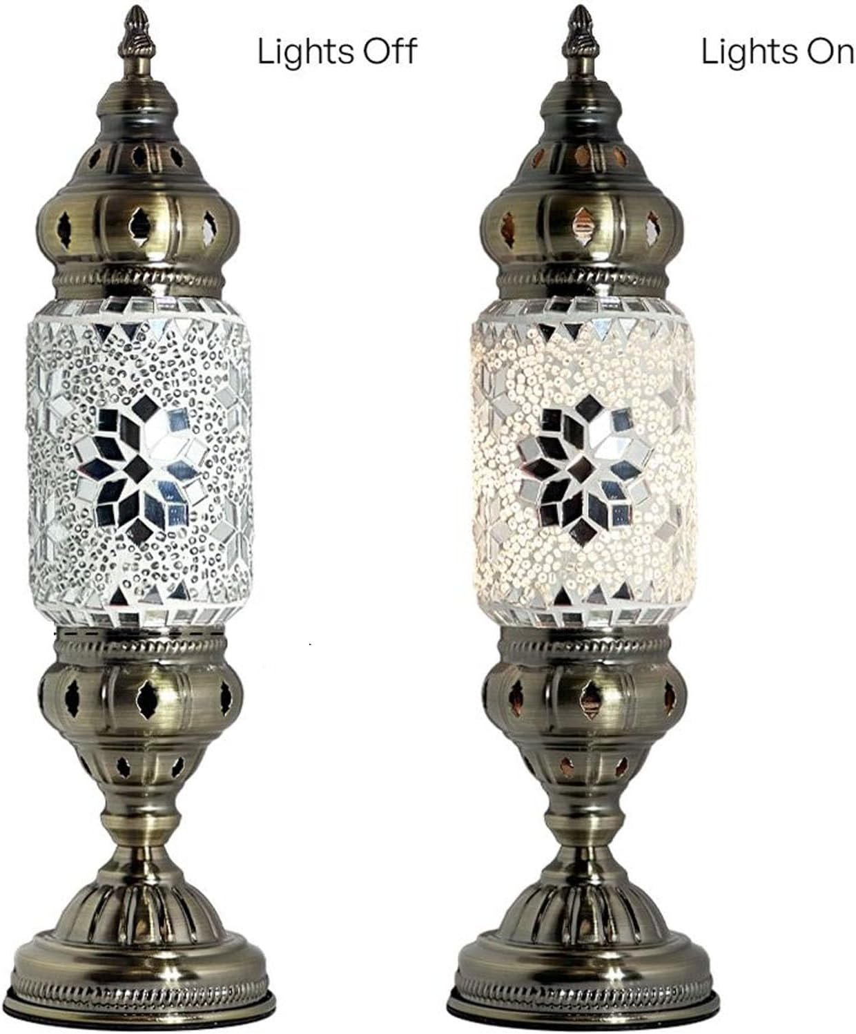 Turkish Cylinder Table Lamp Mosaic Glass Accent Boho Lamps Moroccan Lantern (Blue Star)