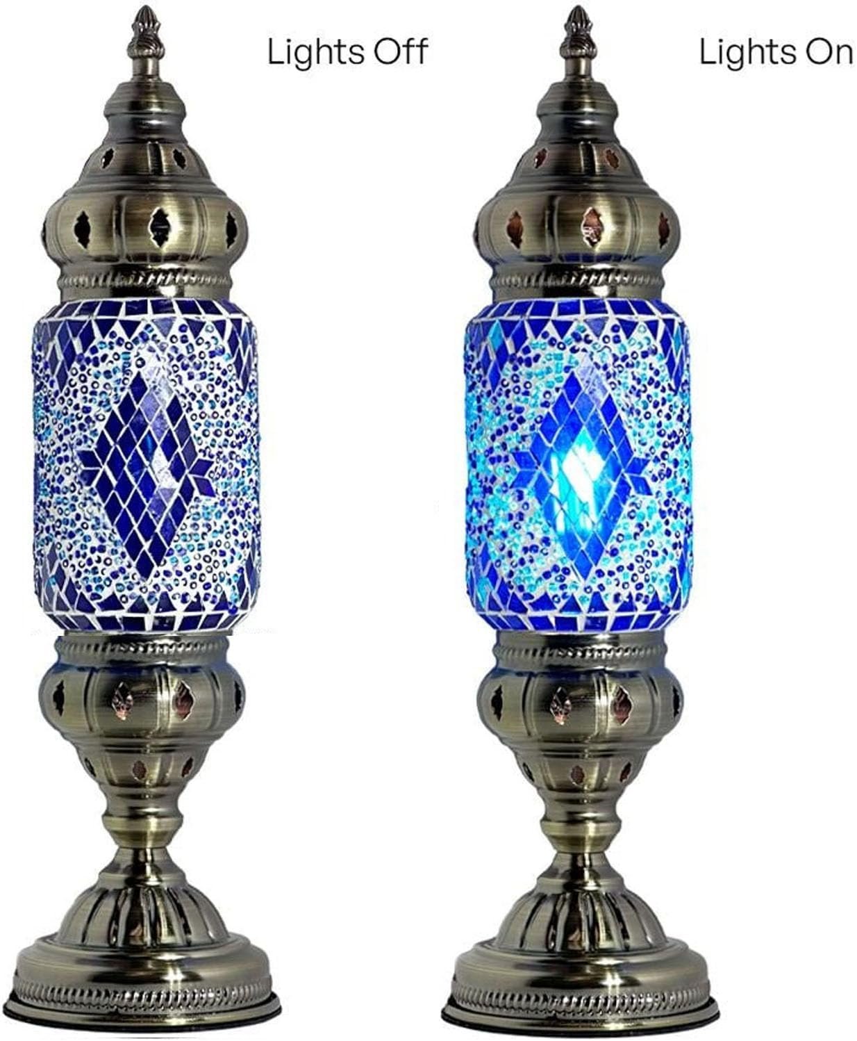 Turkish Cylinder Table Lamp Mosaic Glass Accent Boho Lamps Moroccan Lantern (Blue Star)