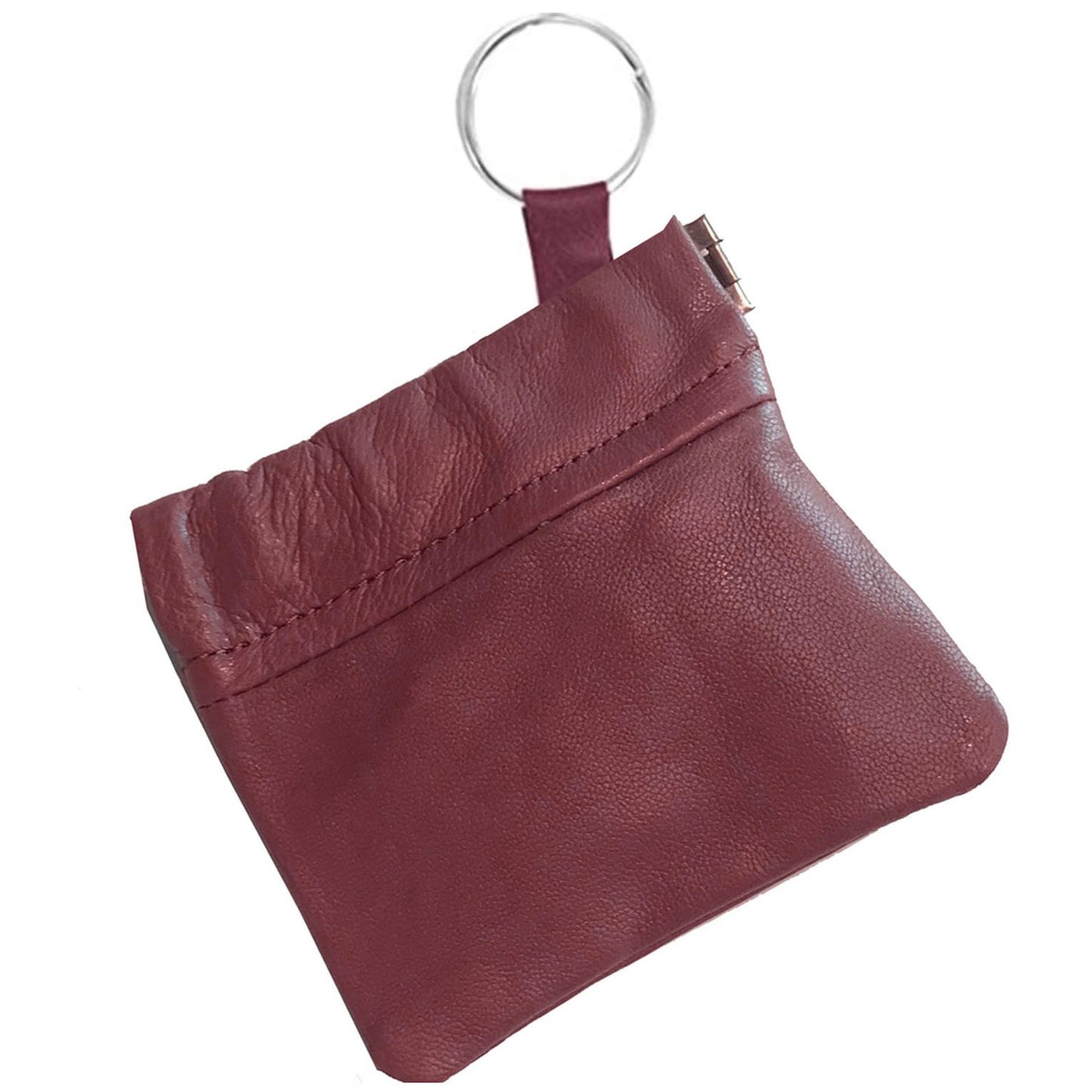 Leather Coin Purse Change Holder Squeeze Spring Closure Pouch w Key Ring, 3.5" by 3.5" - Great Gift for Men Women