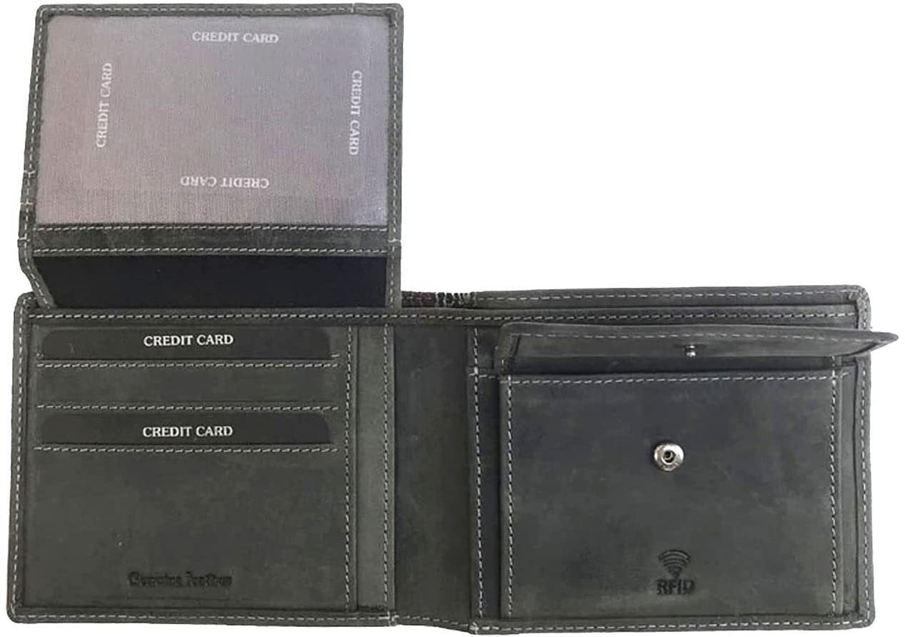 Leather Wallet for Men's-Genuine Washed Calf RFID Blocking Bifold Men Wallet With Coin Pocket (Vertical Flip Stitched Collar, Black)