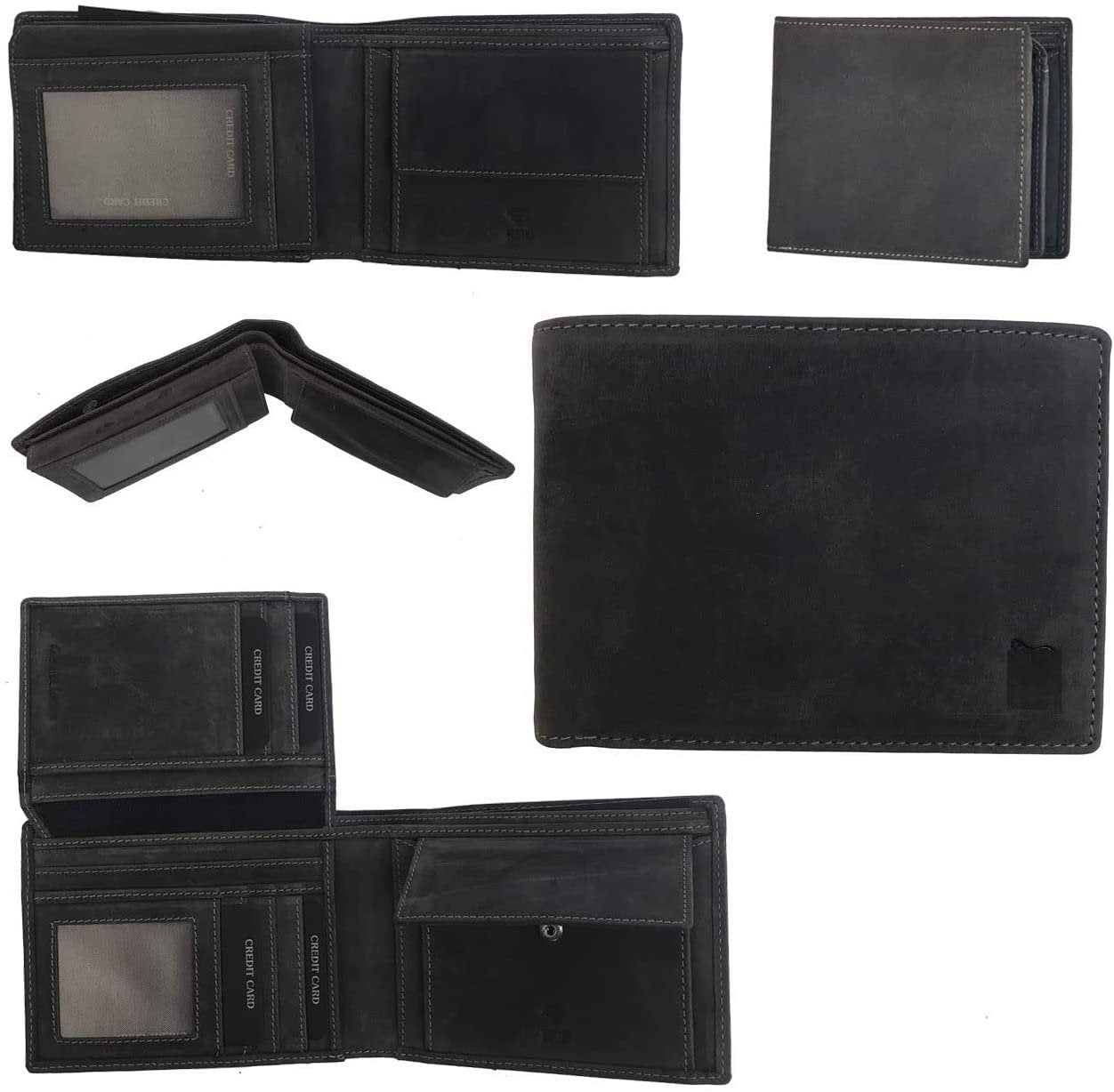 Leather Wallet for Men's-Genuine Washed Calf RFID Blocking Bifold Men Wallet With Coin Pocket (Vertical Flip Stitched Collar, Black)