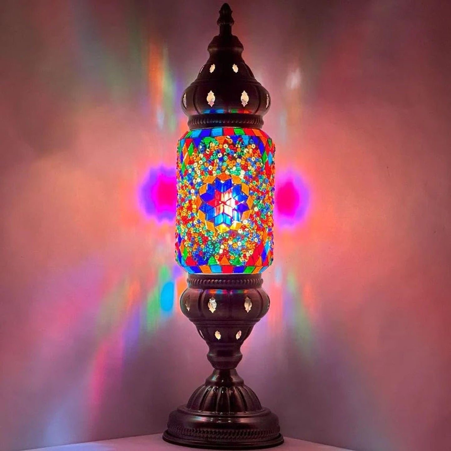 Turkish Cylinder Table Lamp Mosaic Glass Accent Boho Lamps Moroccan Lantern (Blue Star)